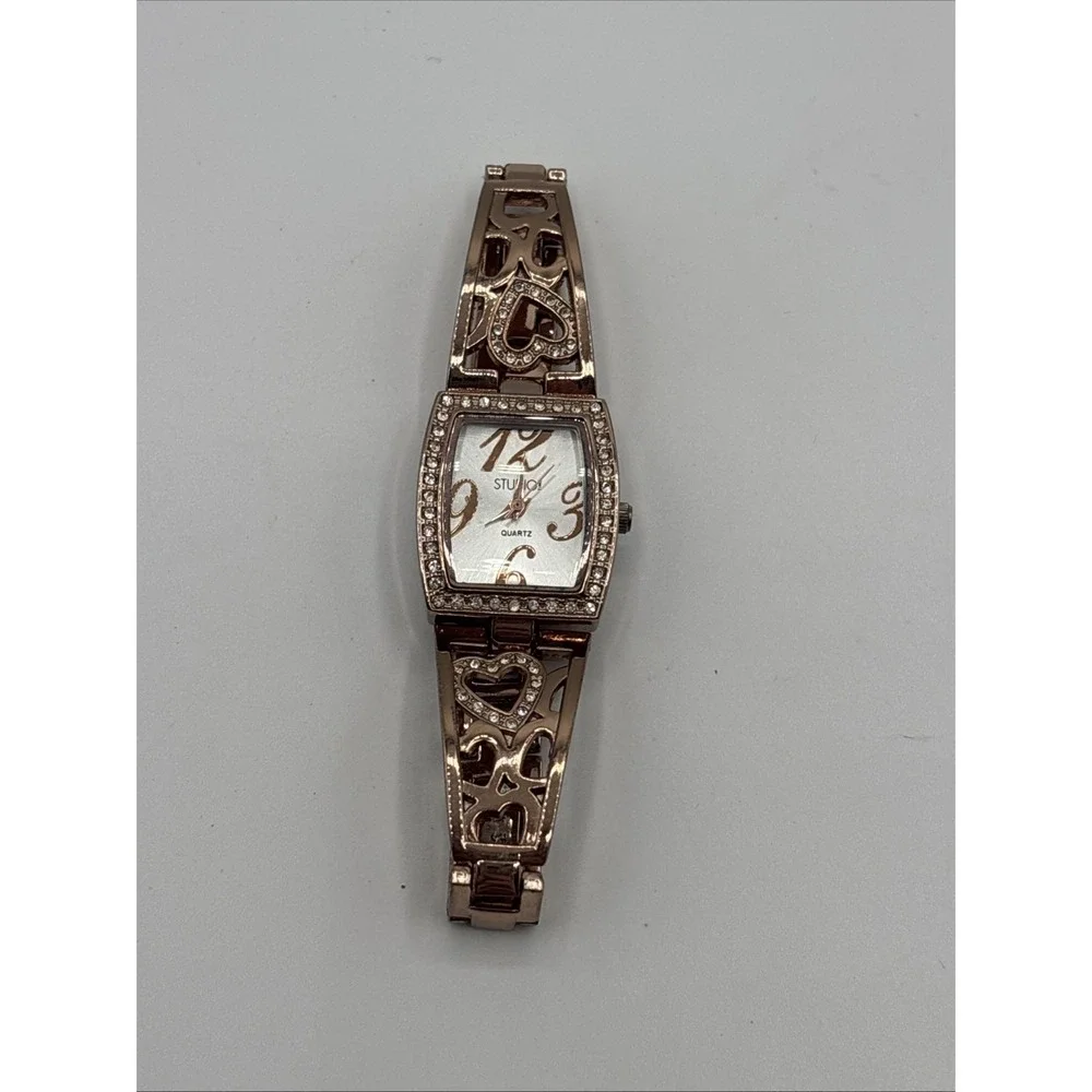 Studio Time Quartz Watch Rose-Gold Tone Rhinestone Embellishment Hearts Untested